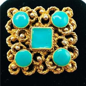 Vintage 10K Gold Plated and Turquoise-Enamel Scroll Statement Brooch 1" (2.5 cm)